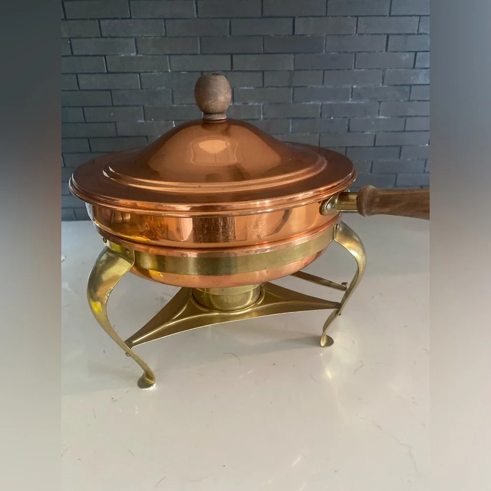 Copper and Brass Chafing Dish with Wooden Handle Made in Italy 9” Pan